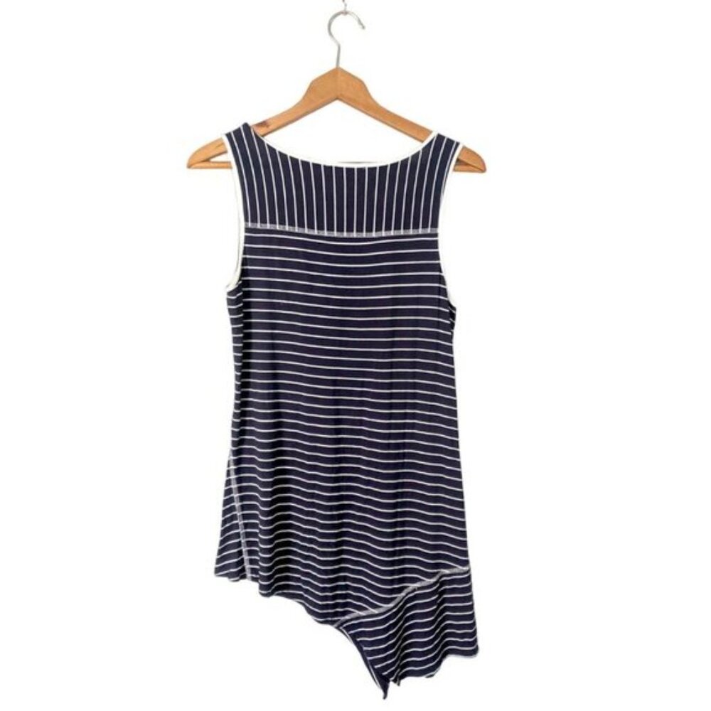 Cable Gauge Striped Asymmetrical Tunic Stretch Sleeveless Blouse Navy White - Picture 3 of 7